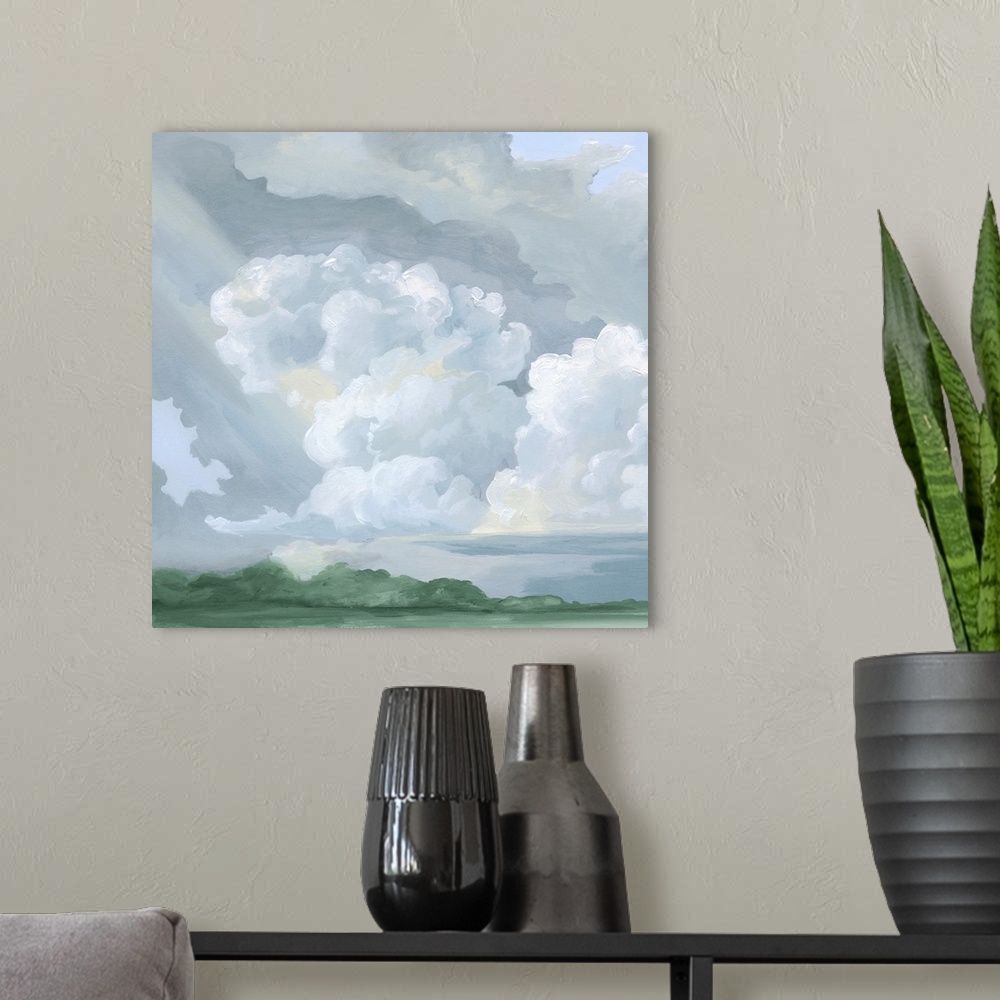 A modern room featuring Rain And Blue Skies I