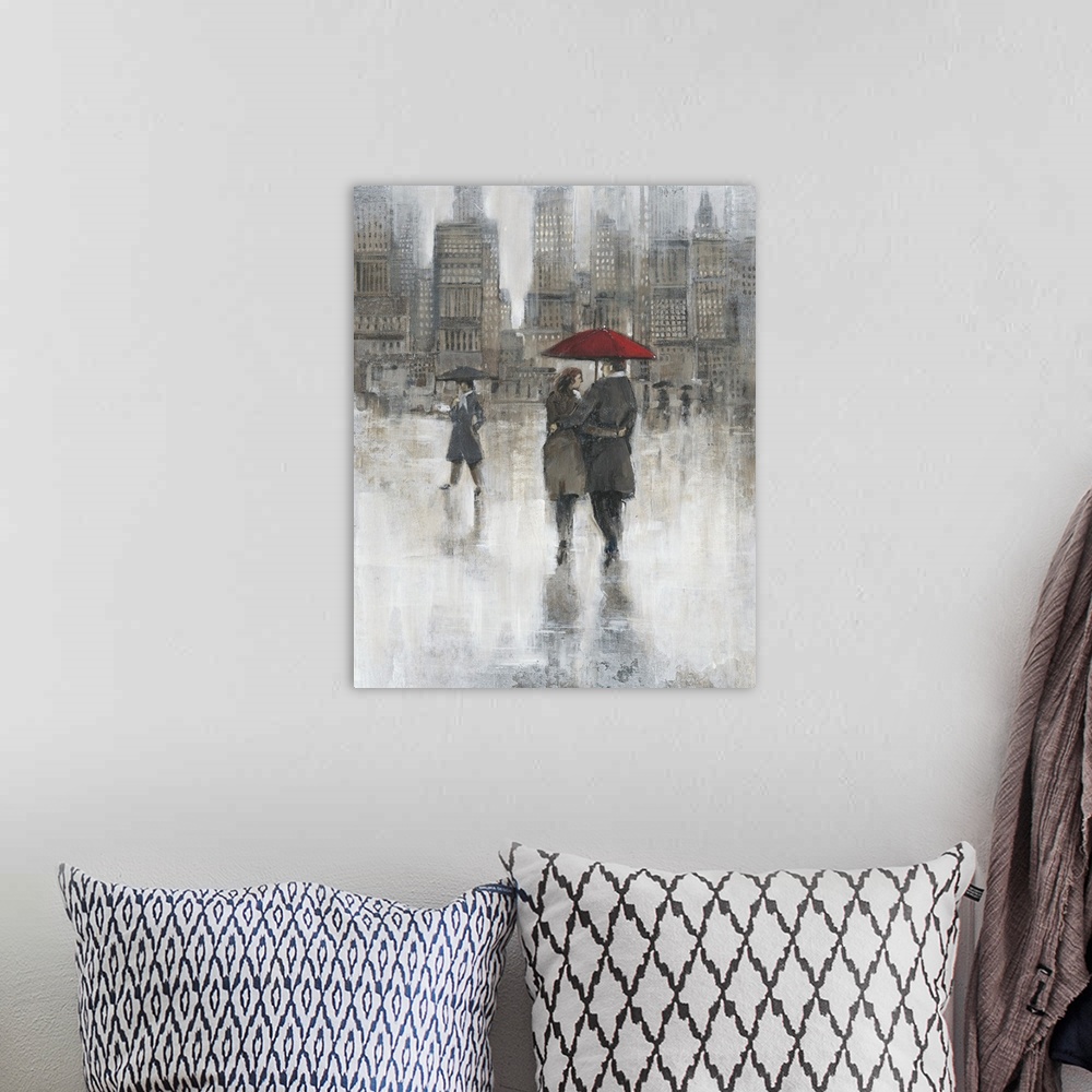 A bohemian room featuring Contemporary artwork of a couple in the city sharing a red umbrella.