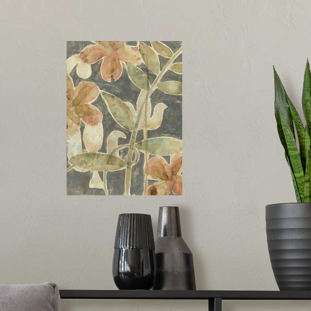 A modern room featuring Contemporary floral painting reminiscent of the fresco technique.