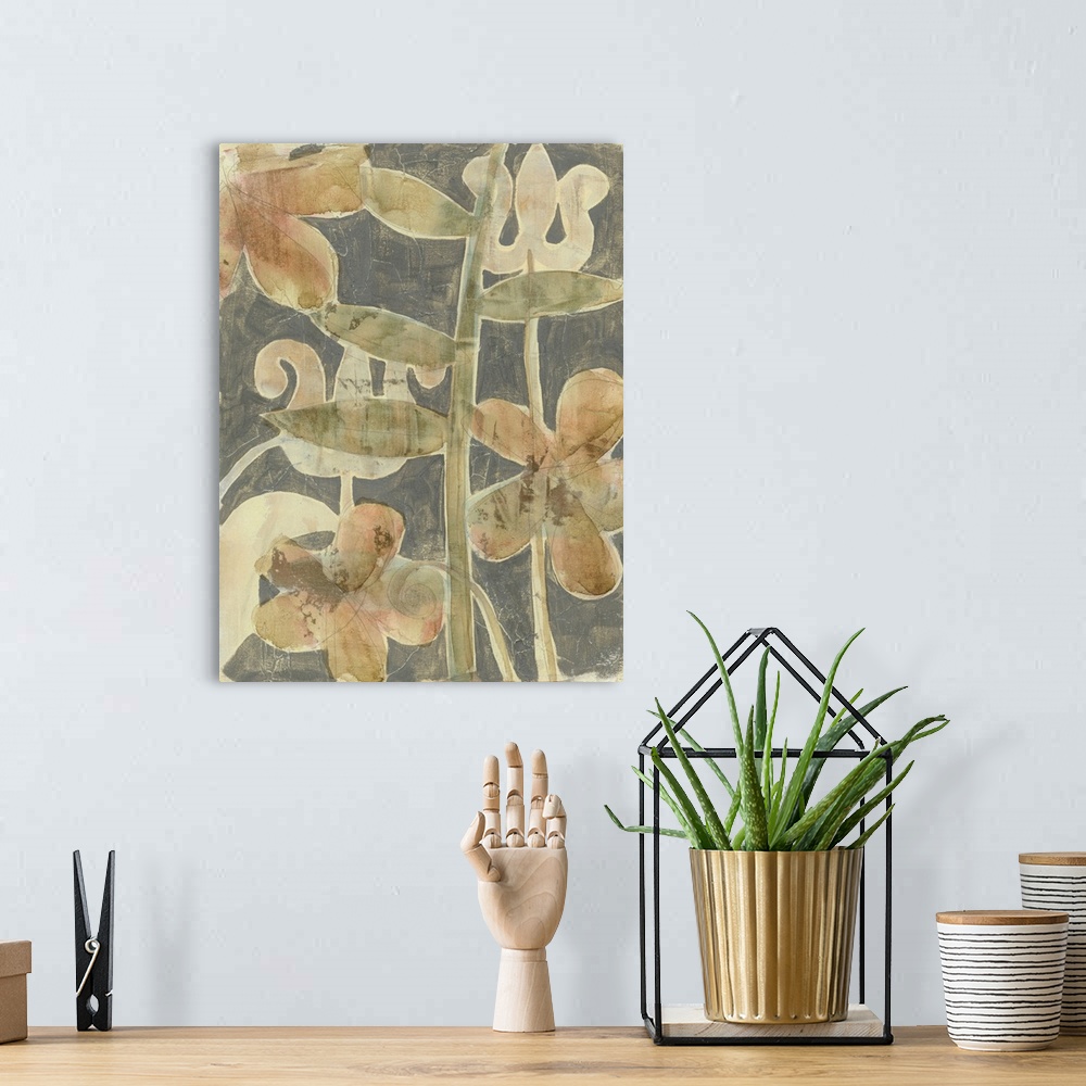 A bohemian room featuring Contemporary floral painting reminiscent of the fresco technique.