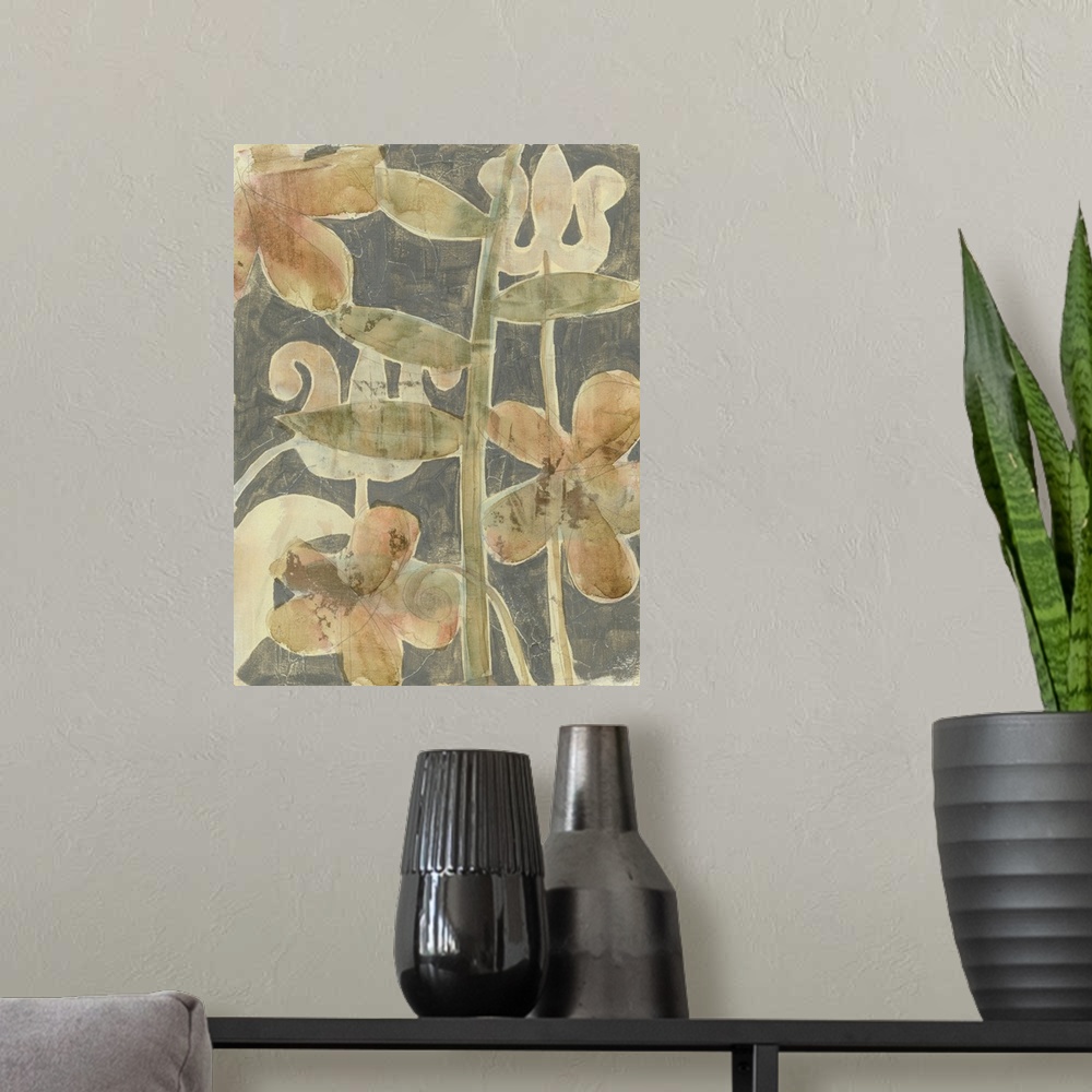 A modern room featuring Contemporary floral painting reminiscent of the fresco technique.