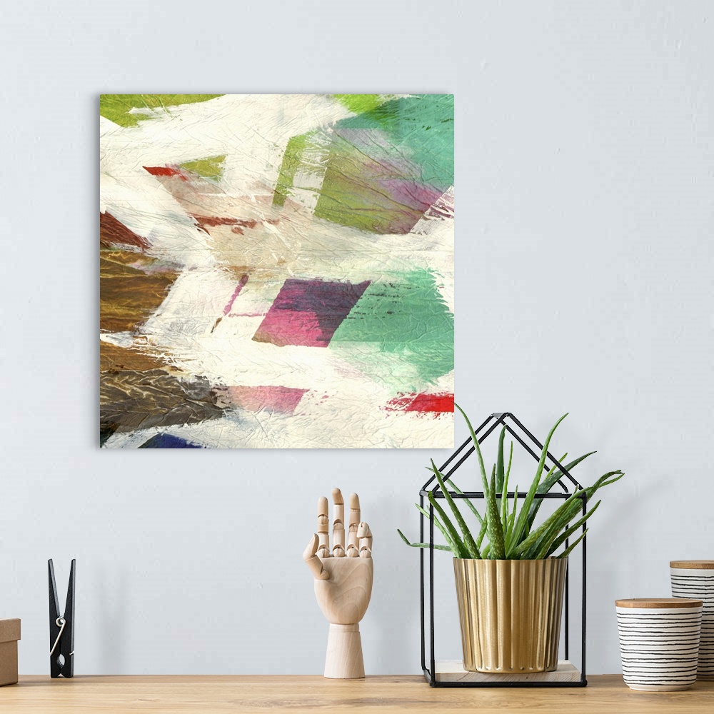 A bohemian room featuring Contemporary abstract artwork with broad brushstrokes and vivid color.