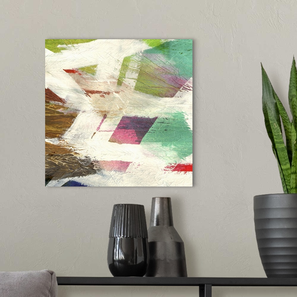 A modern room featuring Contemporary abstract artwork with broad brushstrokes and vivid color.
