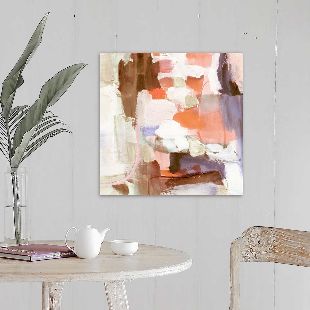 A farmhouse room featuring Square abstract painting in shades of brown, orange, pink, purple and cream.