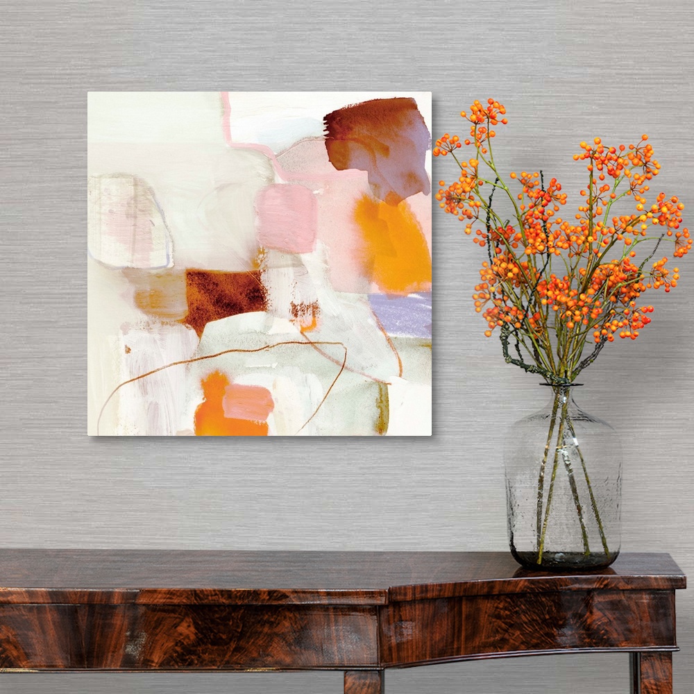 A traditional room featuring Square abstract painting in shades of brown, orange, pink, purple and cream.