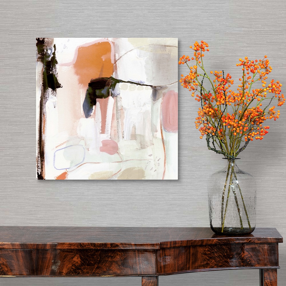 A traditional room featuring Square abstract painting in shades of brown, orange, pink, purple and cream.