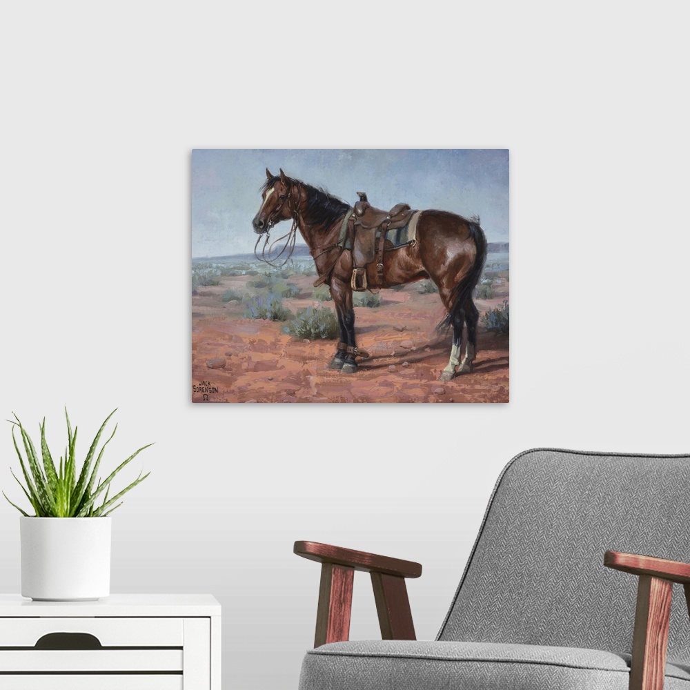 A modern room featuring Contemporary painting of a horse with a bridle and saddle standing in a desert landscape.