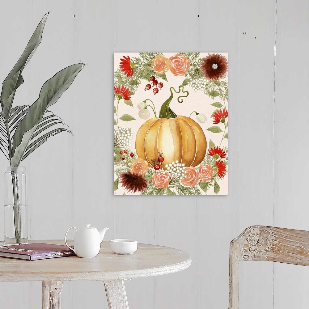 A farmhouse room featuring Autumn decor with a watercolor painted pumpkin and Fall florals surrounding it.