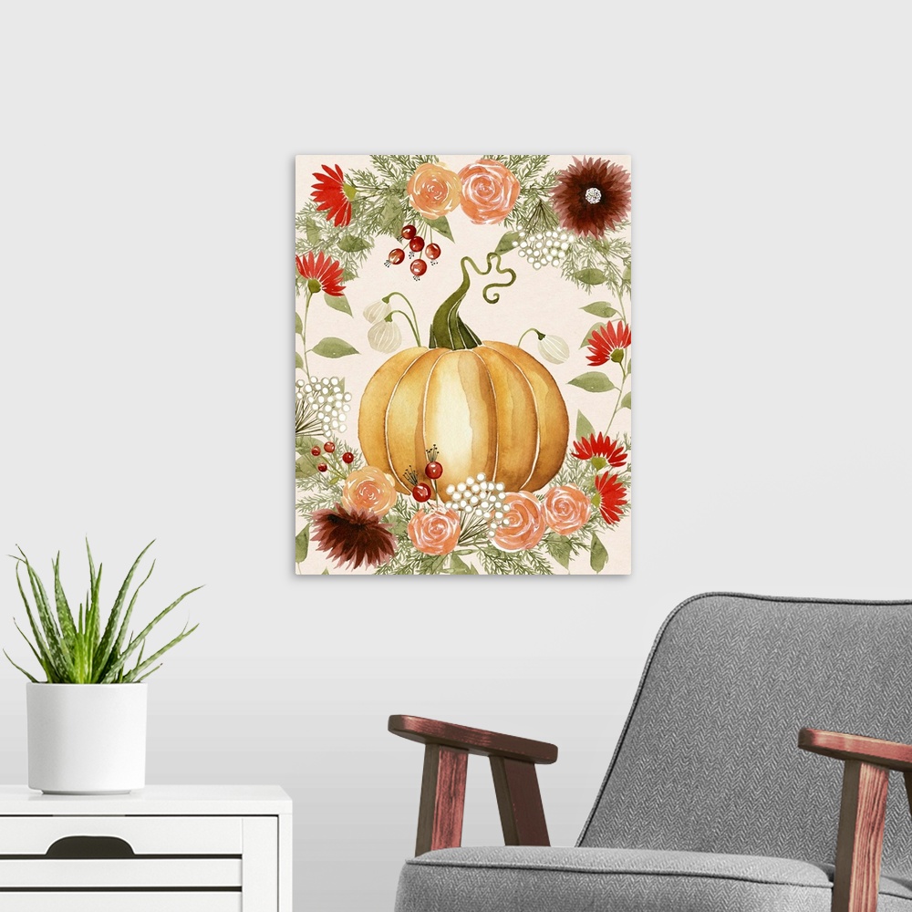 A modern room featuring Autumn decor with a watercolor painted pumpkin and Fall florals surrounding it.