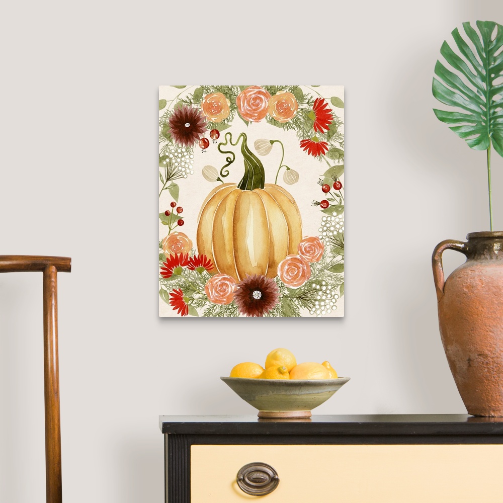 A traditional room featuring Autumn decor with a watercolor painted pumpkin and Fall florals surrounding it.