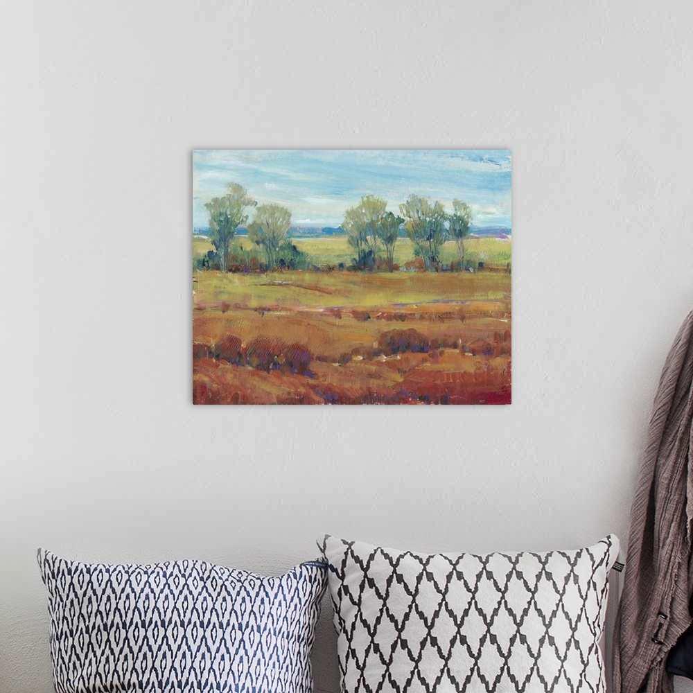 A bohemian room featuring Contemporary painting of a landscape featuring a field of red clay in the foreground with a line ...