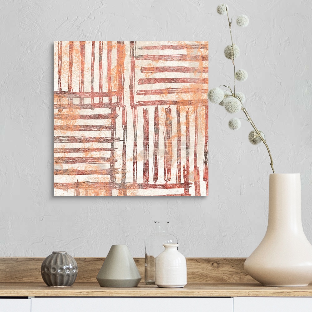 A farmhouse room featuring Contemporary patterned painting in earth tones and orange-red hues.