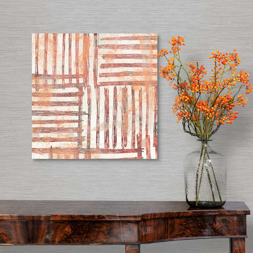 A traditional room featuring Contemporary patterned painting in earth tones and orange-red hues.