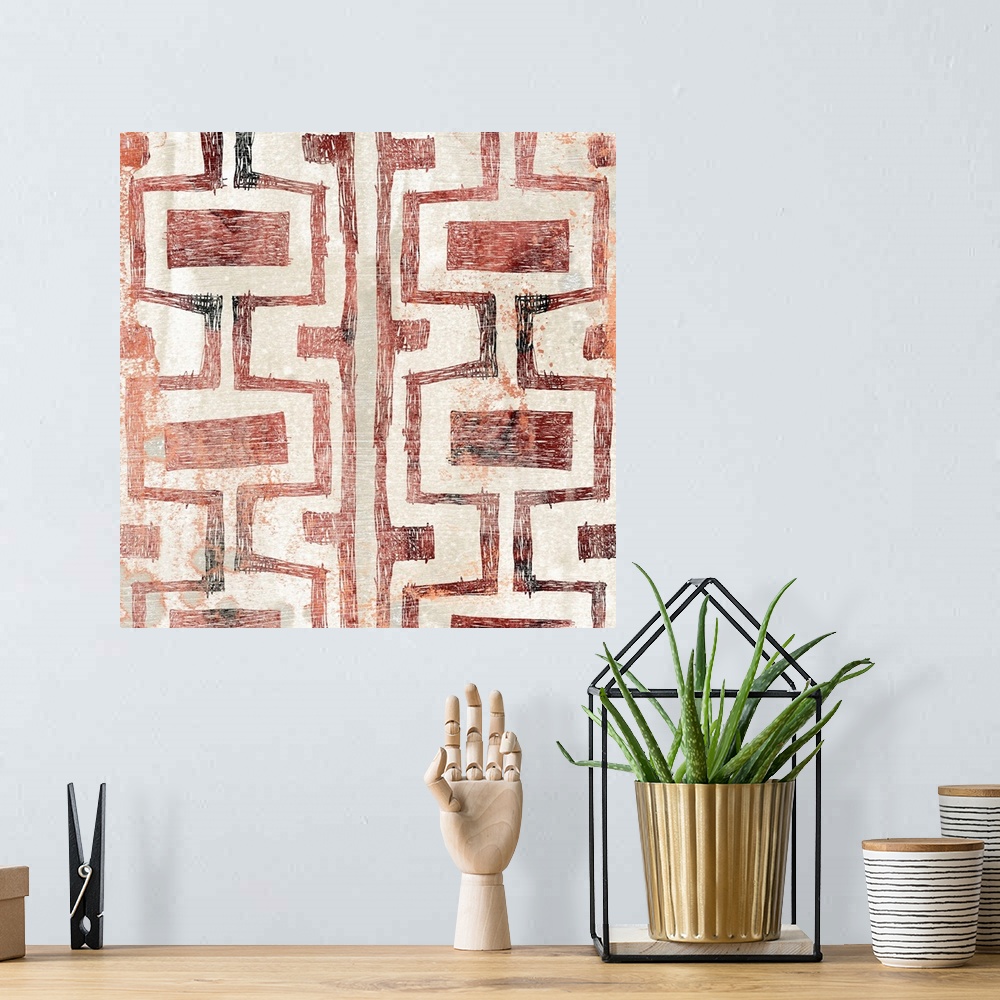 A bohemian room featuring Contemporary patterned painting in earth tones and orange-red hues.