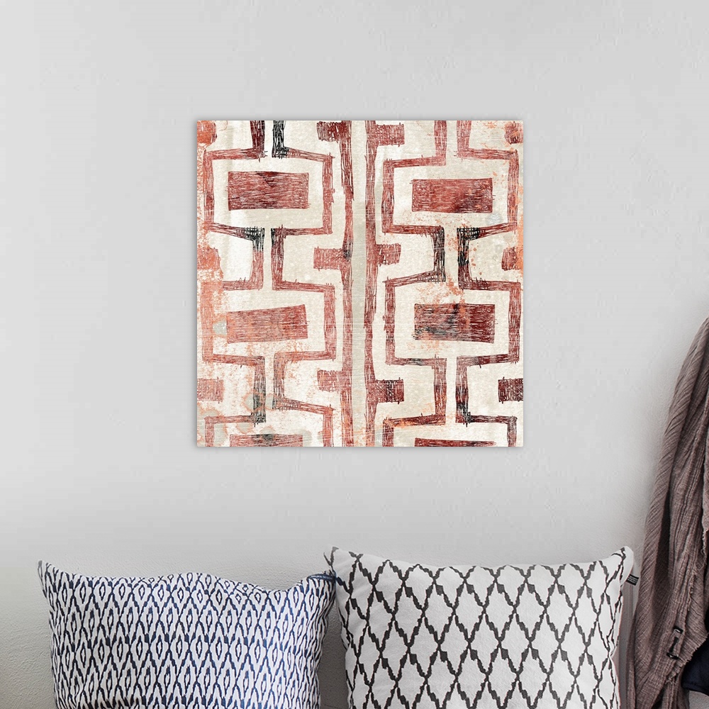 A bohemian room featuring Contemporary patterned painting in earth tones and orange-red hues.