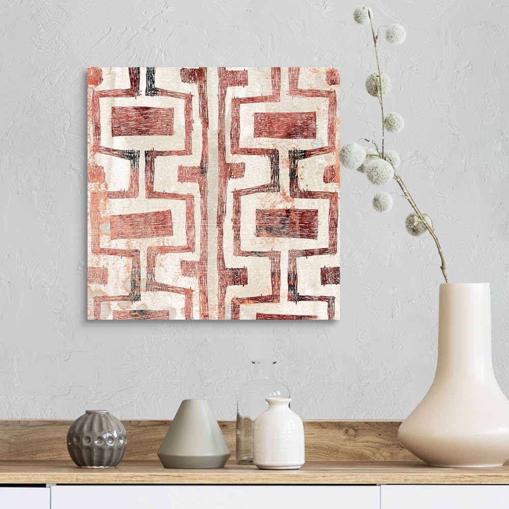 A farmhouse room featuring Contemporary patterned painting in earth tones and orange-red hues.