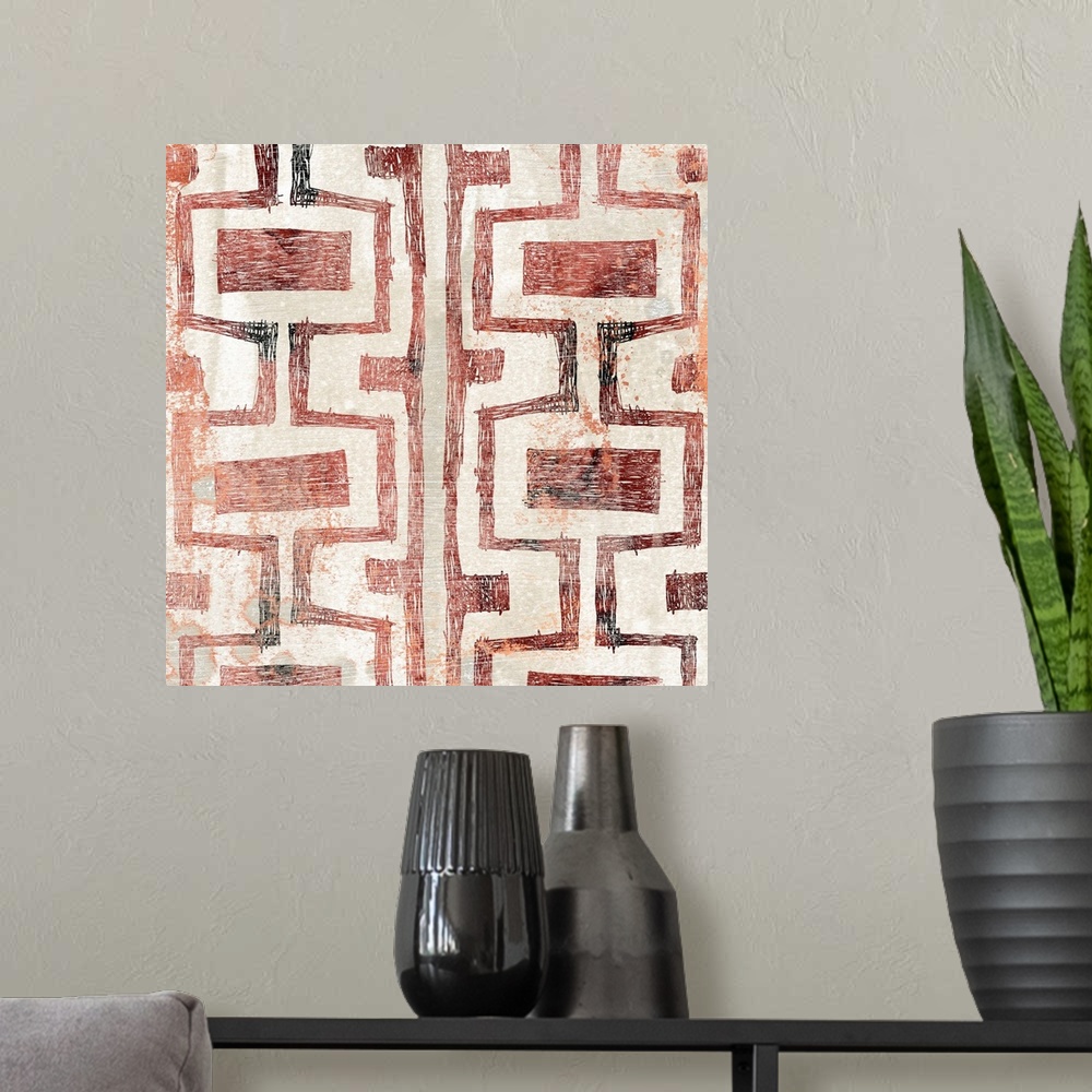 A modern room featuring Contemporary patterned painting in earth tones and orange-red hues.