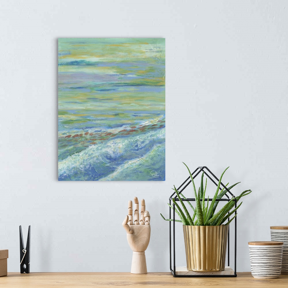 A bohemian room featuring Contemporary artwork of the ocean with shallow waves, under a cloudy sky.