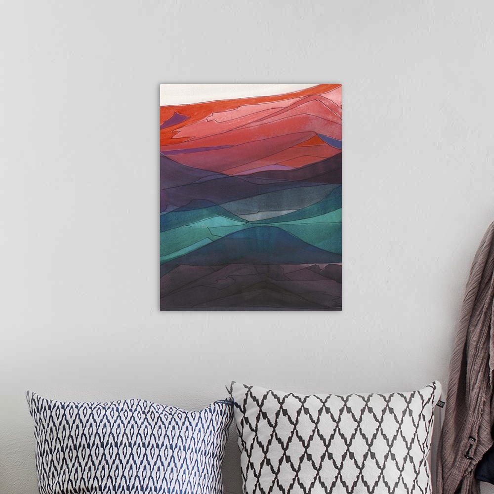 A bohemian room featuring Contemporary abstract painting resembling a mountainous valley made of different color sheets.