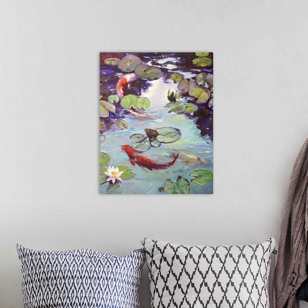 A bohemian room featuring Contemporary painting of a pond filled with koi.