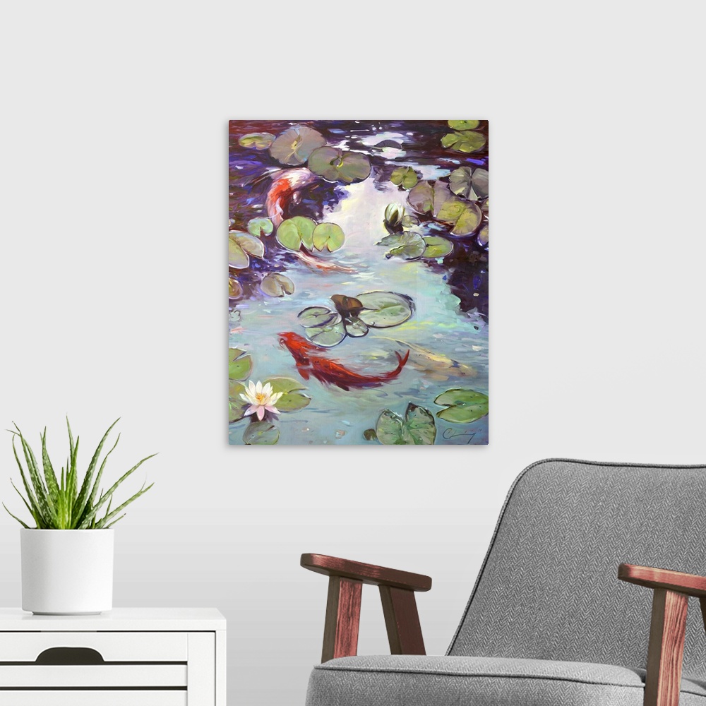 A modern room featuring Contemporary painting of a pond filled with koi.