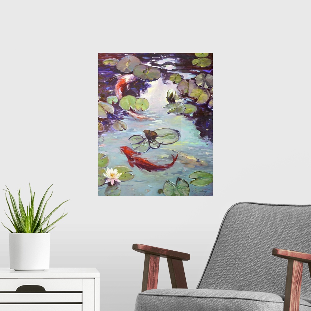 A modern room featuring Contemporary painting of a pond filled with koi.