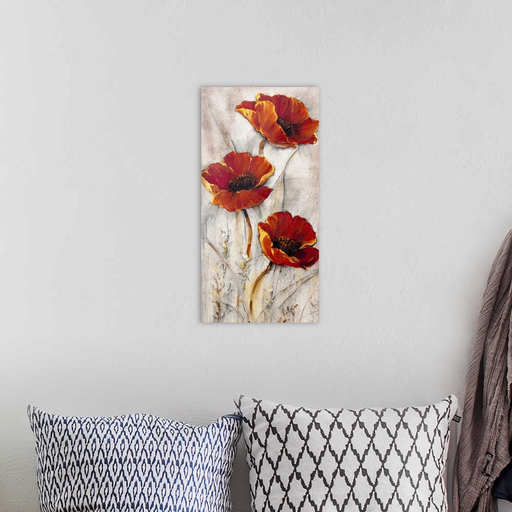 A bohemian room featuring Red Poppies on Taupe II