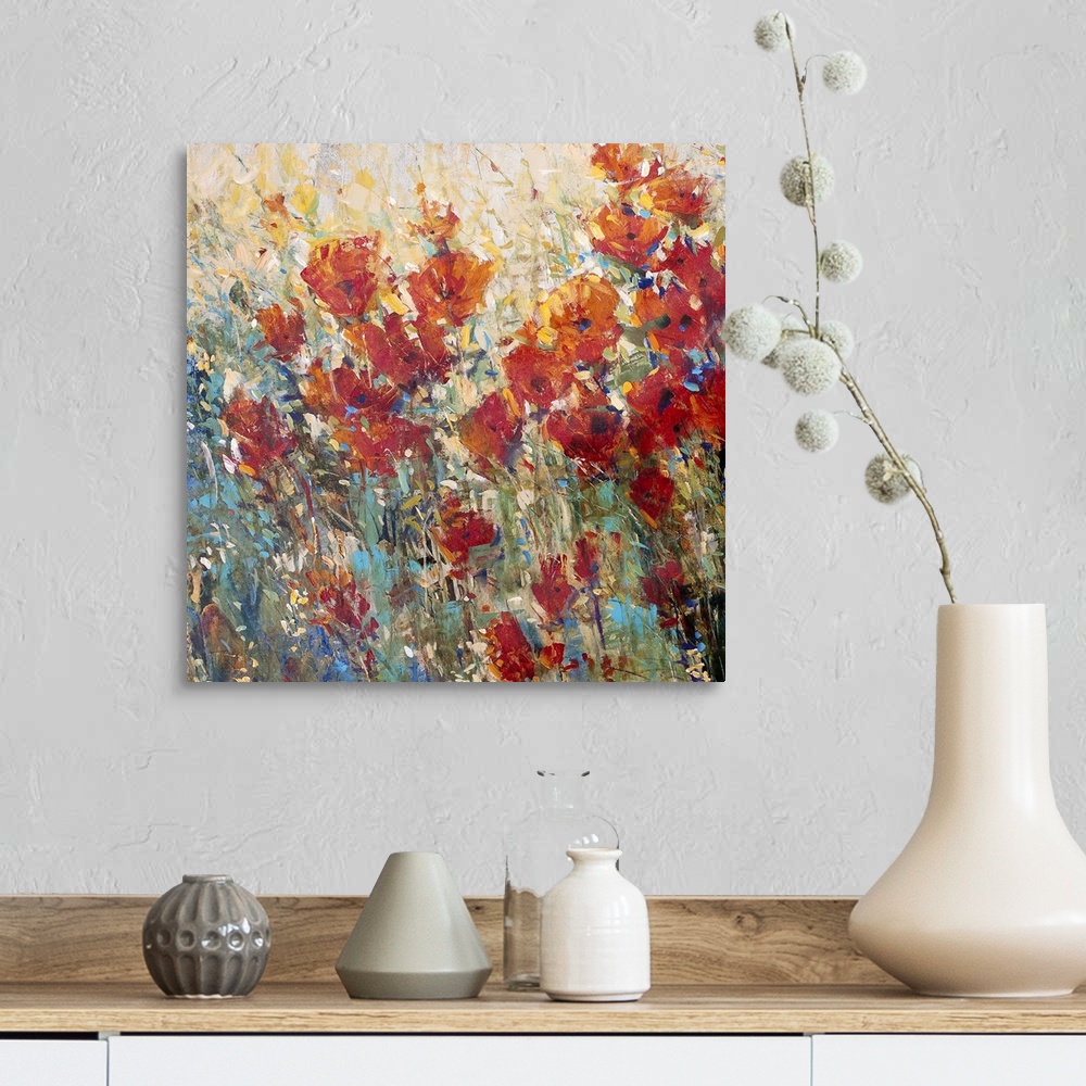 A farmhouse room featuring Contemporary painting of several bright poppy flowers growing in the wild.