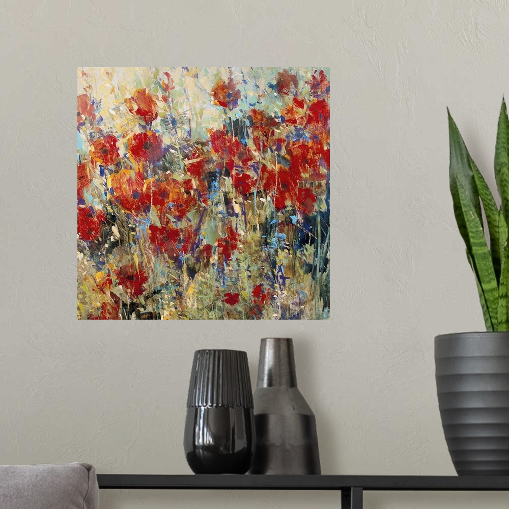 A modern room featuring Contemporary painting of several bright poppy flowers growing in the wild.