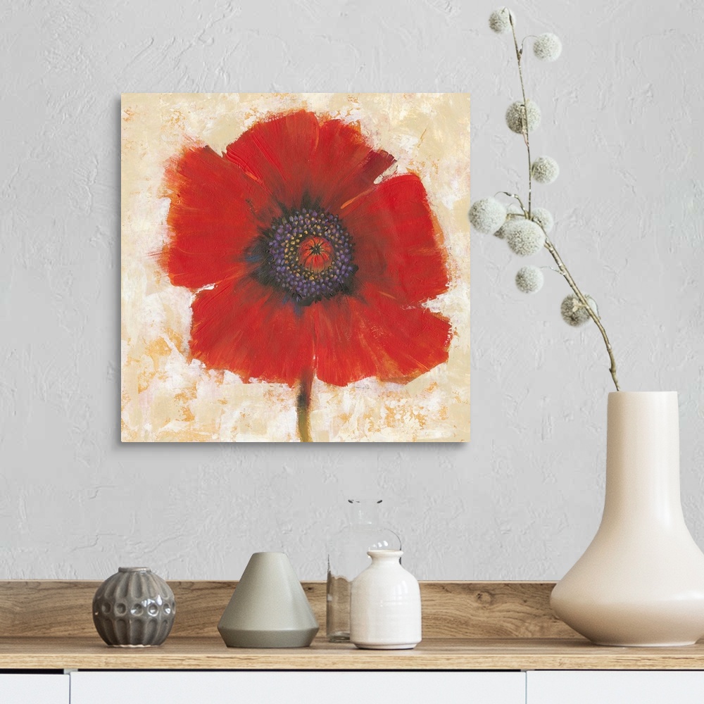 A farmhouse room featuring Creative painting of a bright red poppy on a mottled gold and beige backdrop.