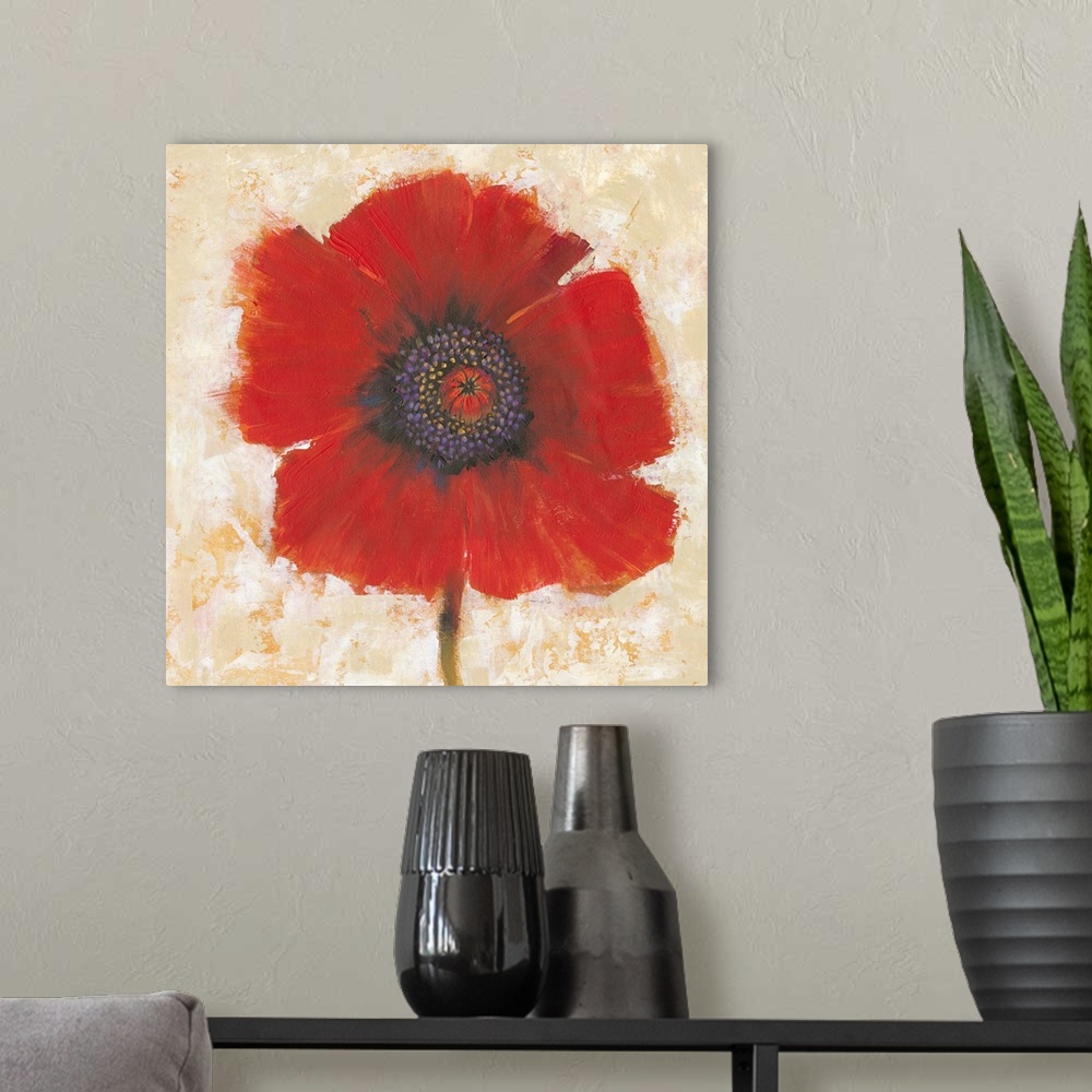 A modern room featuring Creative painting of a bright red poppy on a mottled gold and beige backdrop.