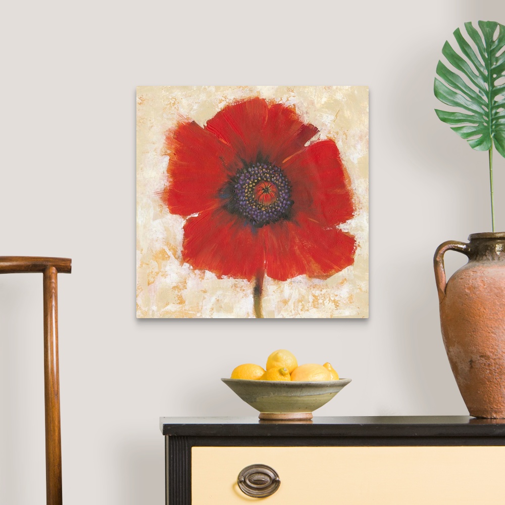 A traditional room featuring Creative painting of a bright red poppy on a mottled gold and beige backdrop.
