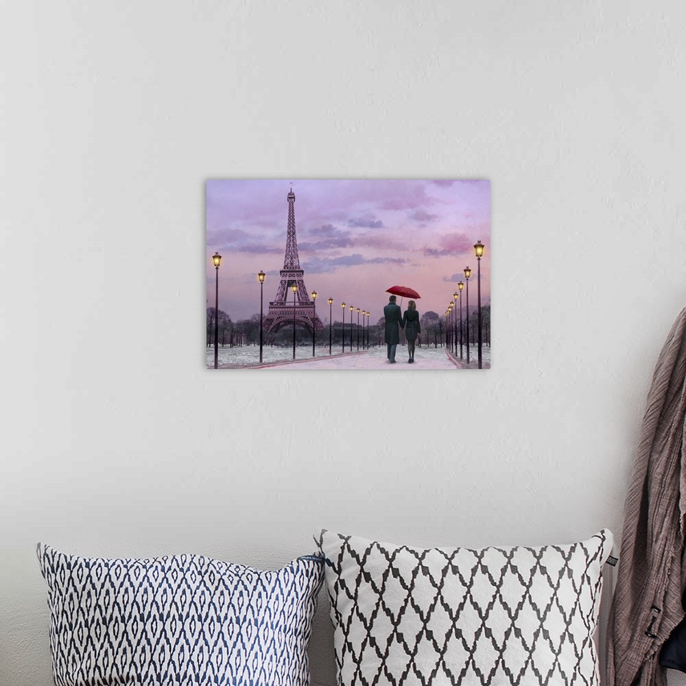 A bohemian room featuring Image of a couple walking along a path lined be street post with the Eiffel Tower in the backgrou...