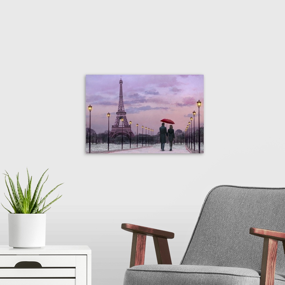 A modern room featuring Image of a couple walking along a path lined be street post with the Eiffel Tower in the backgrou...