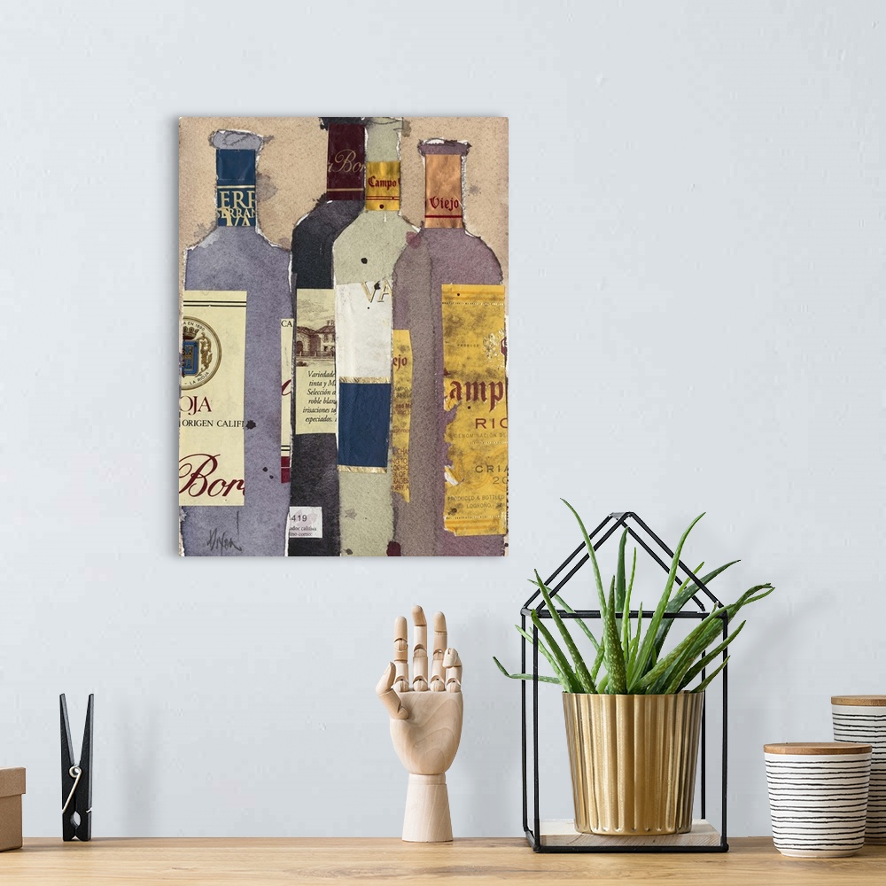 A bohemian room featuring Contemporary home decor artwork of a group of wine bottles made from collage style clippings of p...