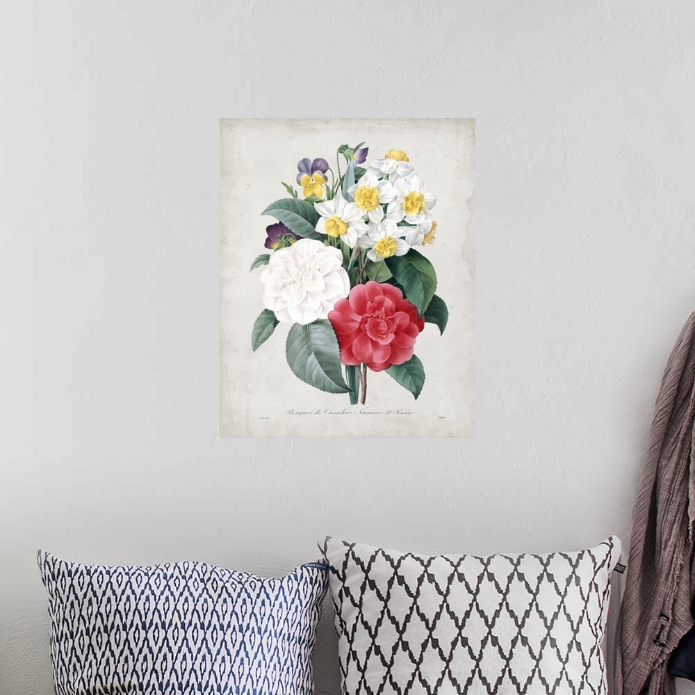 A bohemian room featuring Vintage-inspired botanical illustration of a multi-colored bouquet.