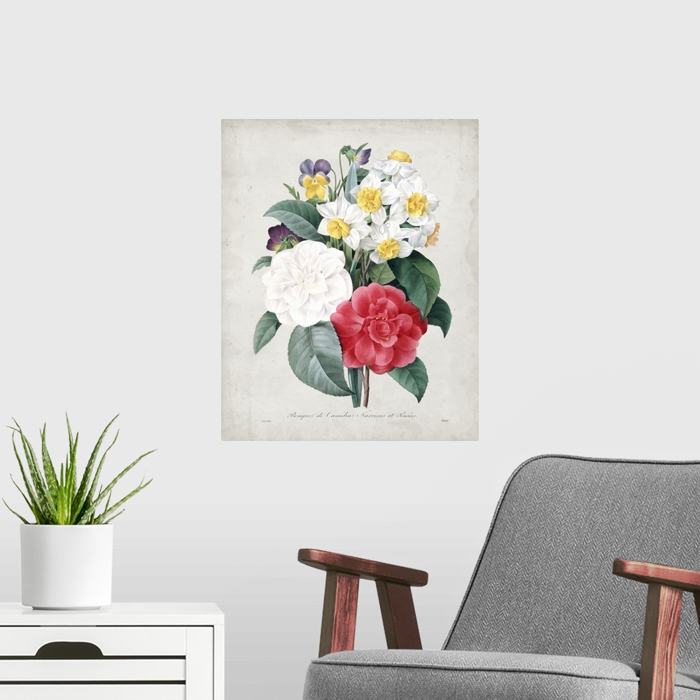 A modern room featuring Vintage-inspired botanical illustration of a multi-colored bouquet.