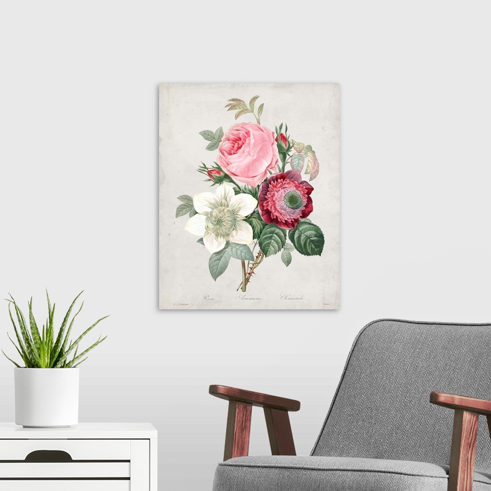 A modern room featuring Vintage-inspired botanical illustration of a multi-colored bouquet.