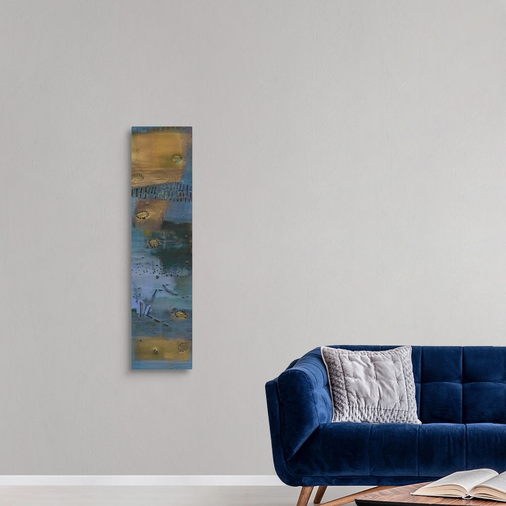 A modern room featuring This painted contemporary artwork resembles rusting metal that has stood the test of time in blue...