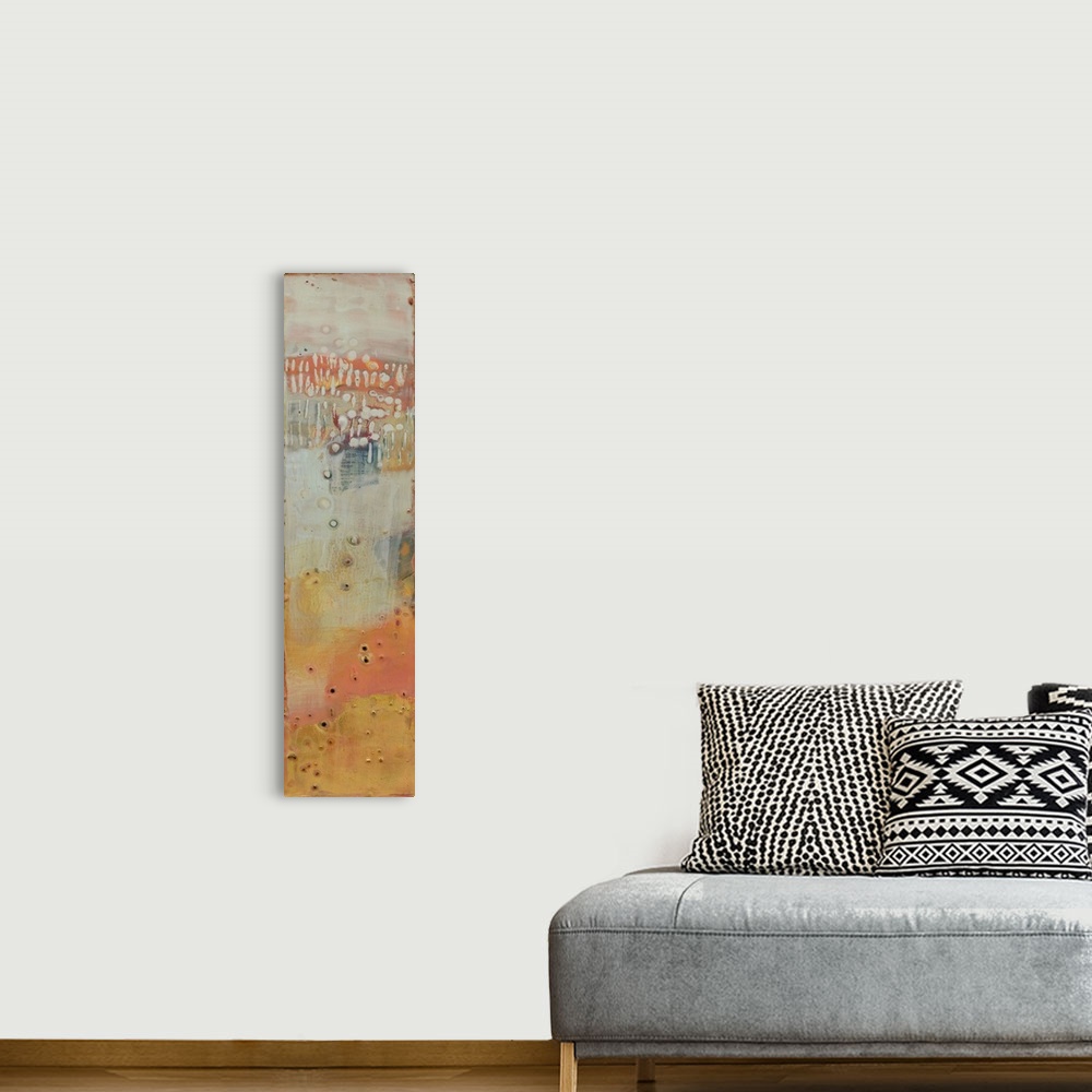A bohemian room featuring This painted contemporary artwork resembles rusting metal that has stood the test of time in vibr...