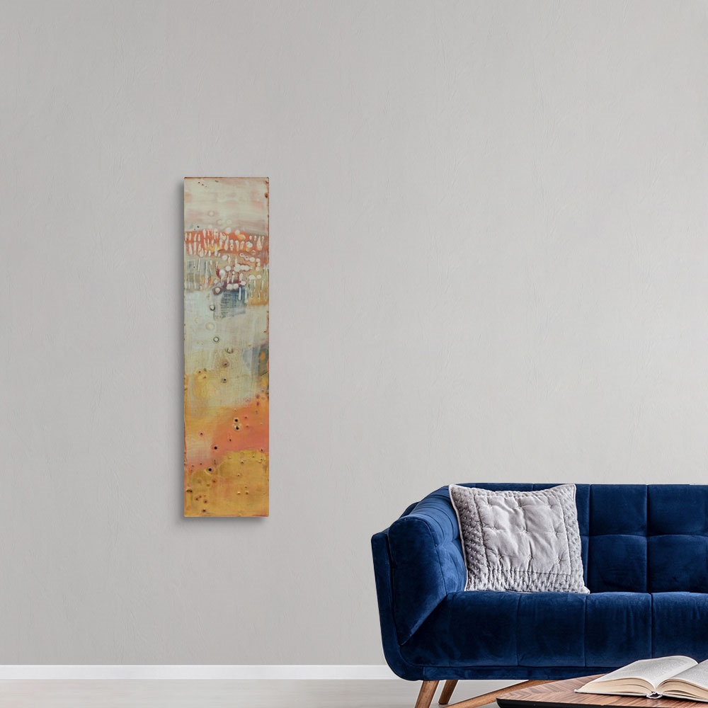 A modern room featuring This painted contemporary artwork resembles rusting metal that has stood the test of time in vibr...