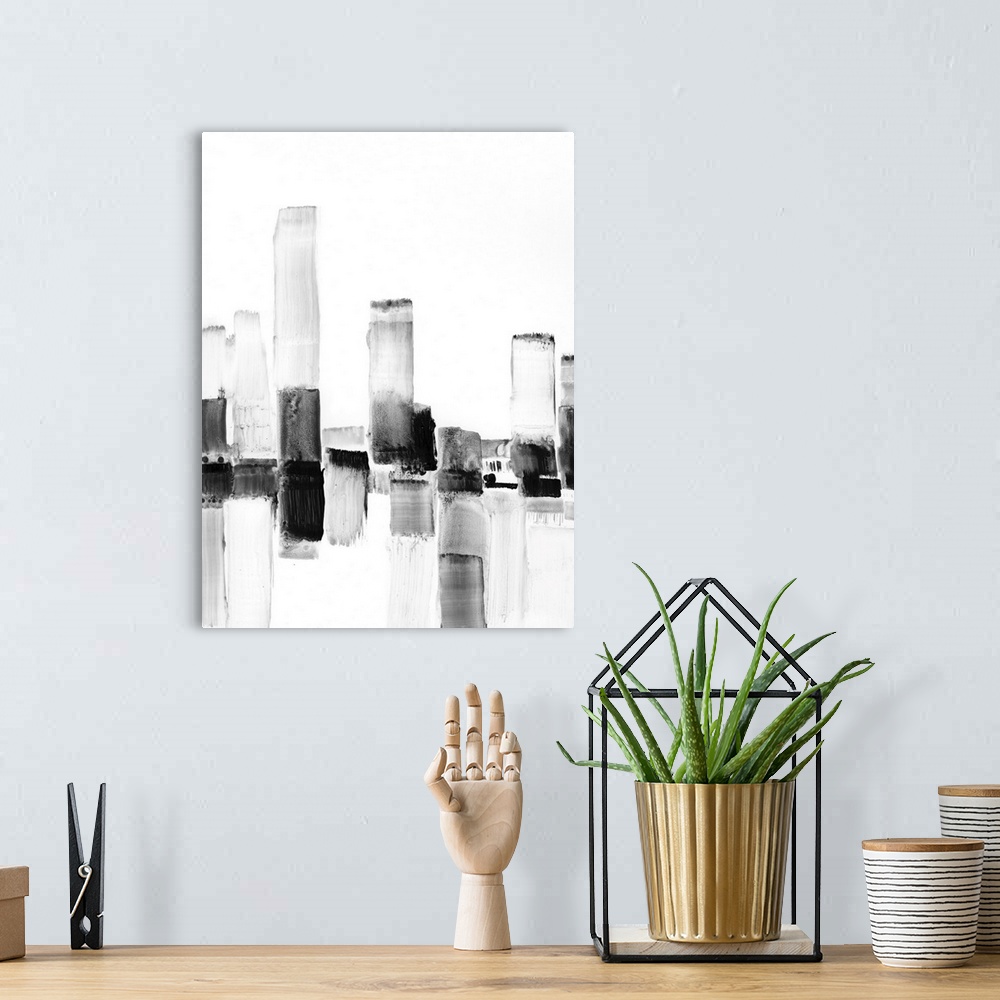 A bohemian room featuring Abstract watercolor cityscape.