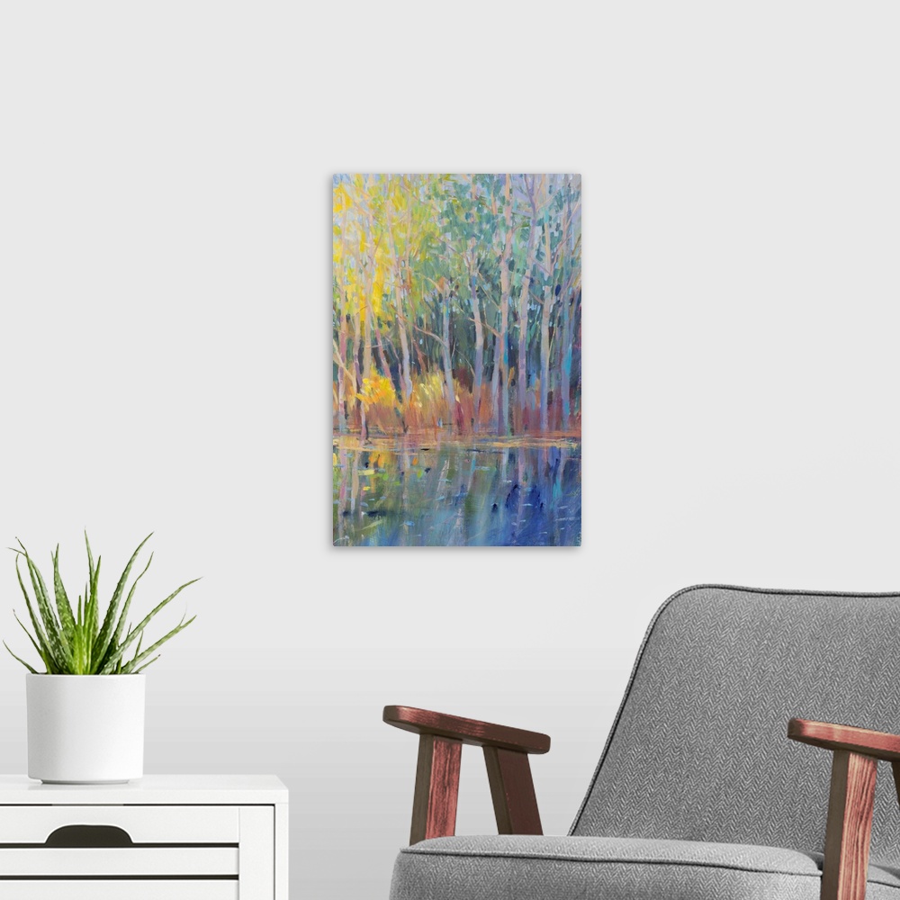 A modern room featuring Reflected Trees I