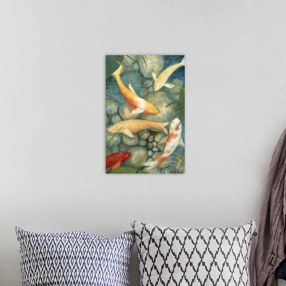 A bohemian room featuring Contemporary painting of koi swimming in a shallow rocky pond.