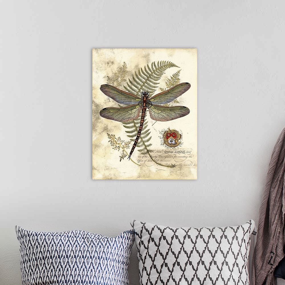 A bohemian room featuring Contemporary artwork of a dragonfly and fern frond against a weathered beige background.