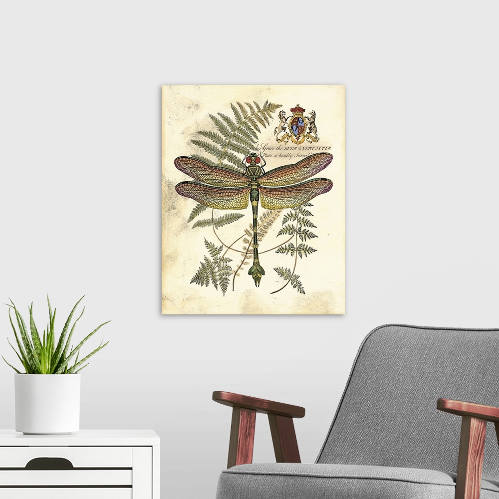 A modern room featuring Contemporary artwork of a dragonfly and fern frond against a weathered beige background.