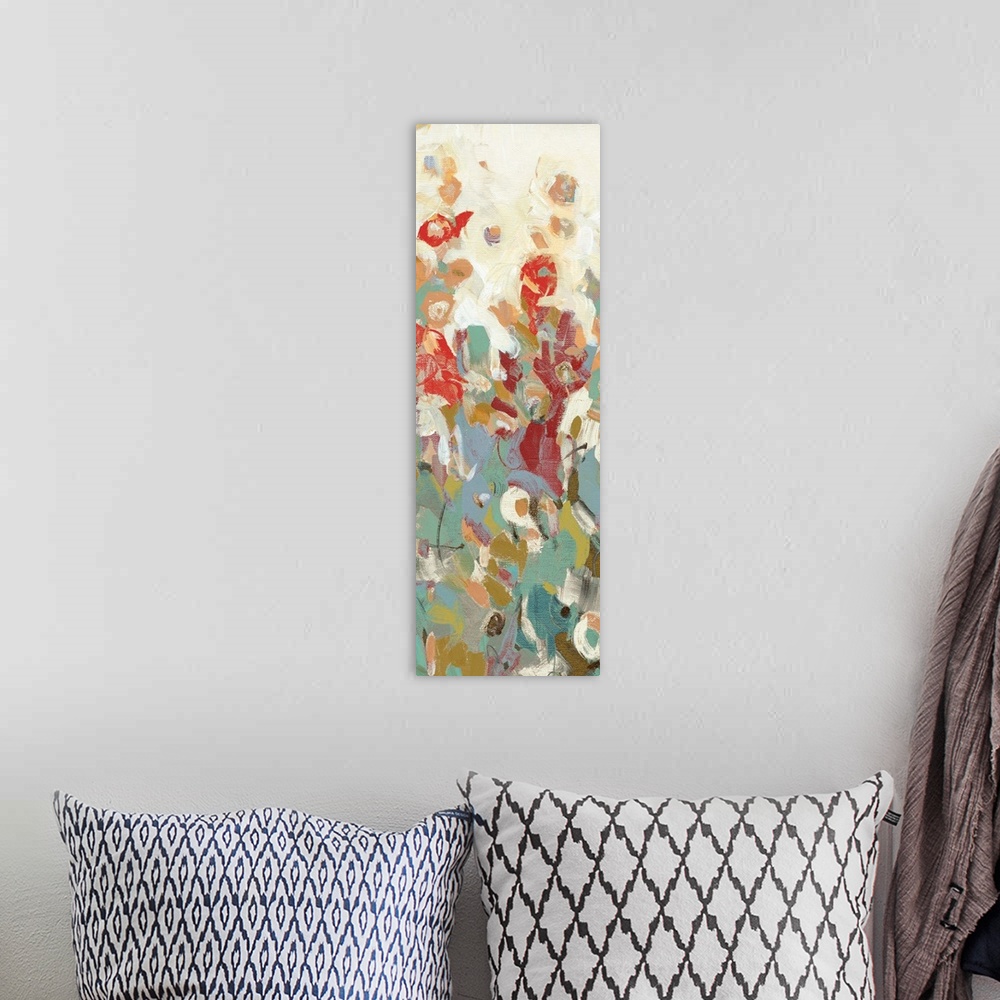 A bohemian room featuring Abstract painting using color and applications to suggest flowers.