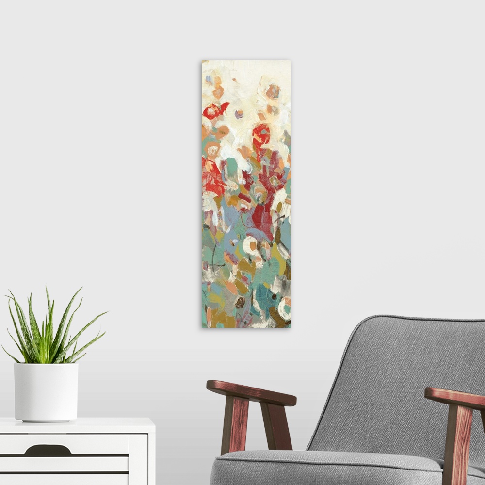 A modern room featuring Abstract painting using color and applications to suggest flowers.