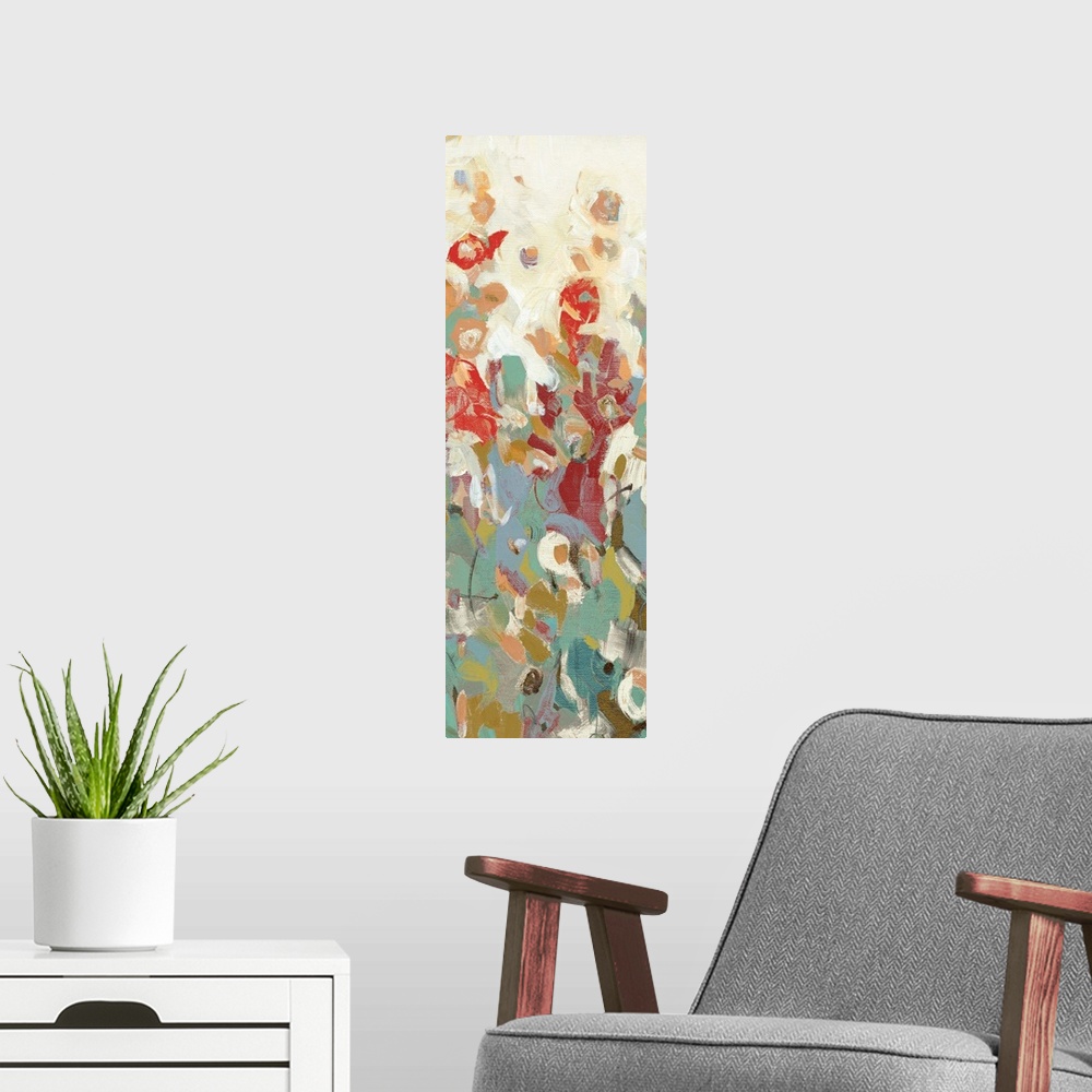 A modern room featuring Abstract painting using color and applications to suggest flowers.