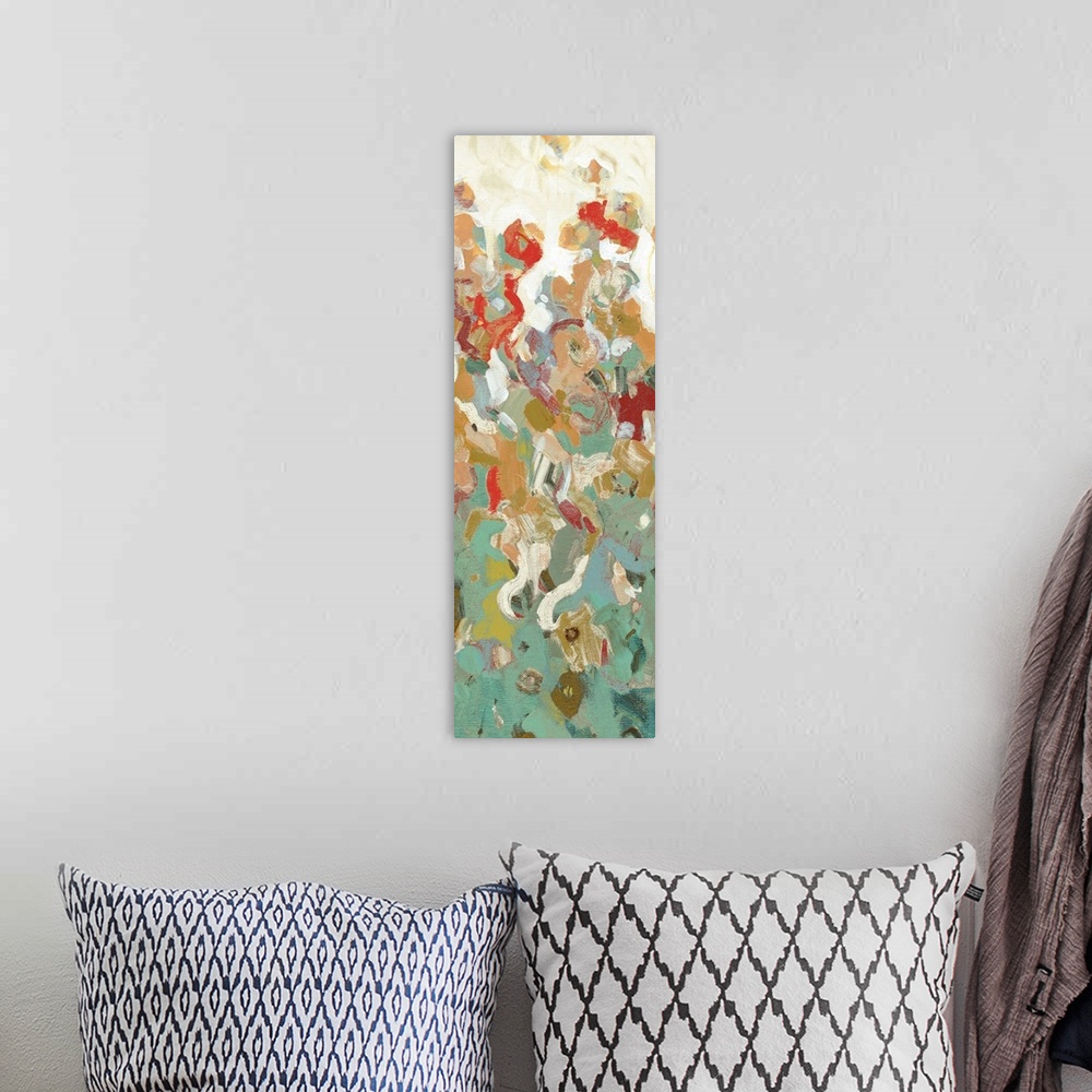 A bohemian room featuring Abstract painting using color and applications to suggest flowers.